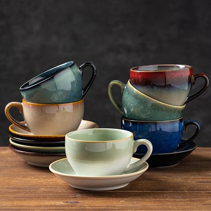 Porcelain Coffee Cup with Saucer Spoon, Vintage Design Ceramic Latte Art Cappuccino Barista Espresso Tea Cup with Saucer (11.6 oz, 350ml, Honey Pomelo Yellow)