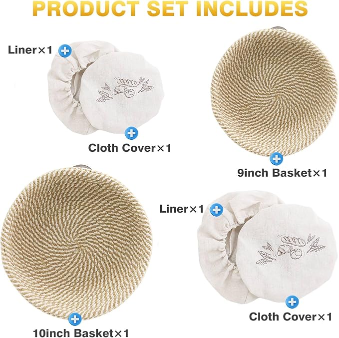 Banneton Bread Proofing Basket Set of 2, 9 Inch & 10 Inch Round Cotton Rope Sourdough Bread Baking Supplies Proofing Bowls with Liners & Covers Gifts for Bakers Women Wife Mom