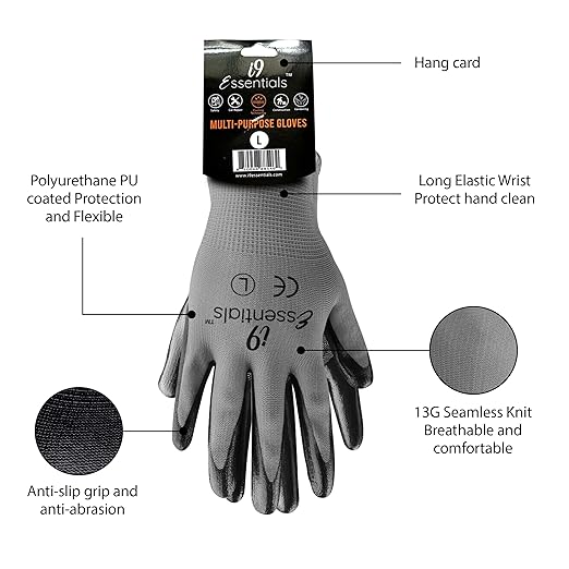 I9 Essentials Seamless Nitrile Coated Work Gloves, Large 6 Pairs, Black & Grey – Washable Grip for Construction, Gardening, Woodworking