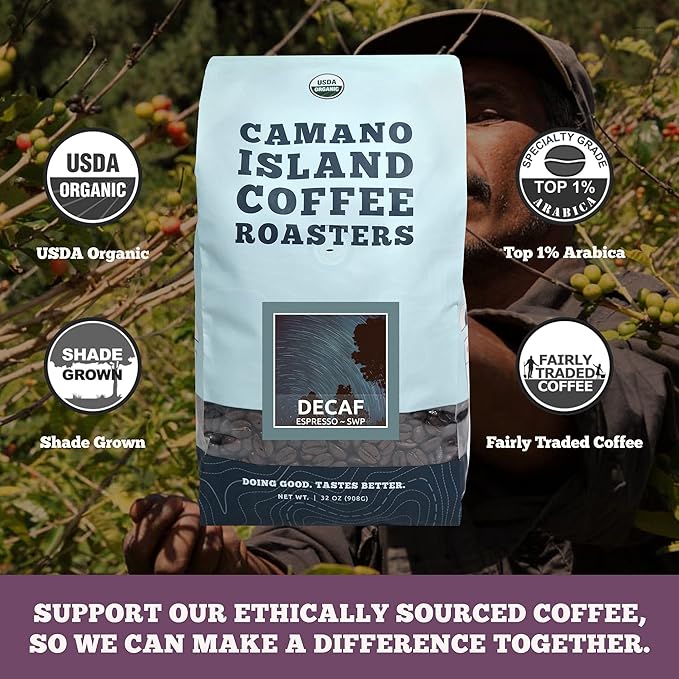 Camano Island Coffee Roasters Decaf Espresso Blend, Whole Bean 2lb, Fresh Dark Roast Swiss Water Processed, USDA Organic, Fairly Traded, Shade Grown Top 1% Arabica, Sweet Molasses, Mixed Berry Flavor