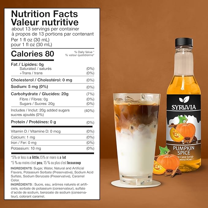 Syruvia Pumpkin Spice Coffee Syrup - 12.7 fl oz (375 ML) Premium Holiday Coffee Flavoring Syrup - Kosher Coffee Syrups, Gluten Free, No Coloring, Perfect for Drinks, Soda, Shakes, Desserts, and More.
