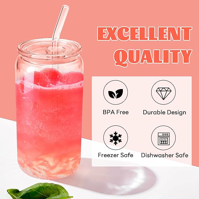 Joyclub 12pcs Glass Cups with Acrylic Lids and Straws 16 oz Can Shaped Glass Iced Coffee Cups with Lids and Straws, Cute Tumbler Cup Drinking Glasses for Smoothie Whiskey Boba Soda Tea Gift