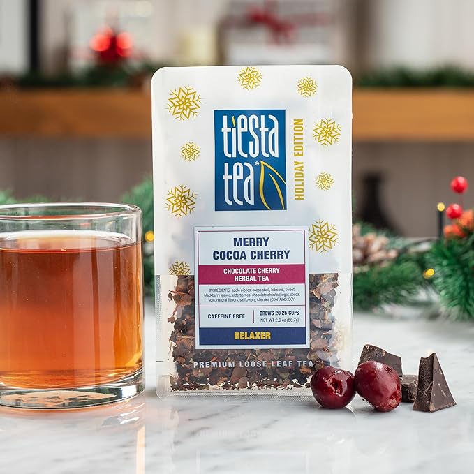 Tiesta Tea - Merry Cocoa Cherry Loose Leaf Tea, Chocolate Cherry Herbal Blend, Non-Caffeinated, Brew Hot or Iced, Makes up to 25 Cups, Resealable Bulk Pouch, 2 Ounce