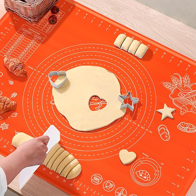 Silicone Baking Mat 32" x 24" Extra Thickness Dough Rolling Mat with Measurements and Edge Heightening, Non-stick Food Grade Silicone Pastry Mat for Pastry, Bread, Cookies, Pizza, Fondant, Pasta-Red