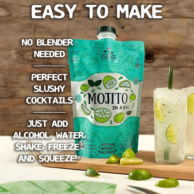 Lt. Blender's Mojito in a Bag - Each Bag Makes 1/2 Gallon of Frozen Mojito Mix – Non-GMO Cocktail Mix for Slushies – Make a Cocktail, Wine Slushie or Mocktail - (Pack of 4)
