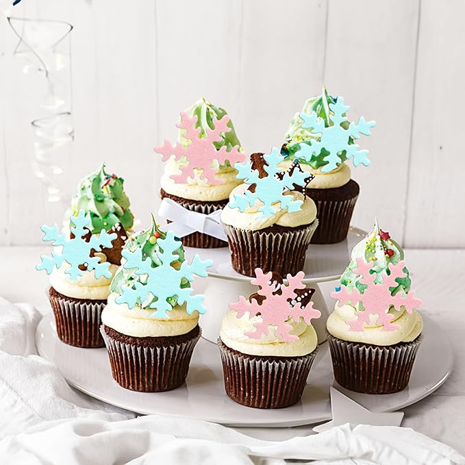 Gyufise 50Pcs Pink Edible Cupcake Cake Toppers Snowflake Cake Decorations for Christmas Winter Frozen Theme Party Supply Decoration Blue Pink
