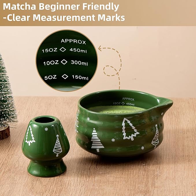 5pcs Premium Matcha Set,Ceramic Bowl with Spout and Bamboo Whisk set, Ceremonical Matcha Kit for breakfast/latte,Tea Starter Making Kit,Christmas Matcha Gift set (Christmas Tree)