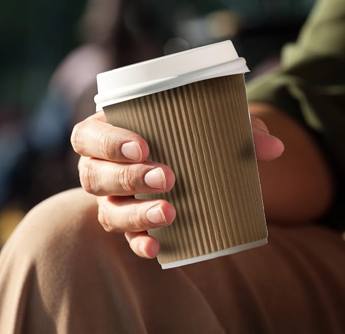 NYHI Set of 150 Ripple Insulated Kraft 12 oz Paper Cups Coffee Tea Hot Cups Recyclable 3 Layer Rippled Wall For Better Insulation Perfect for Cappuccino Hot Coco or Iced Drinks
