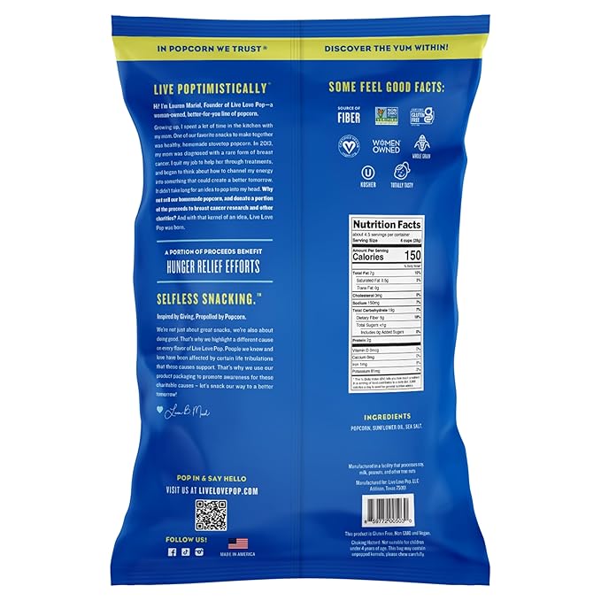 Live Love Pop Sea Salt Flavored Gourmet Popcorn, 4.4 Oz (Pack of 6), Healthy Snack, Gluten Free, Vegan & Non-GMO, Mission Driven Munchies