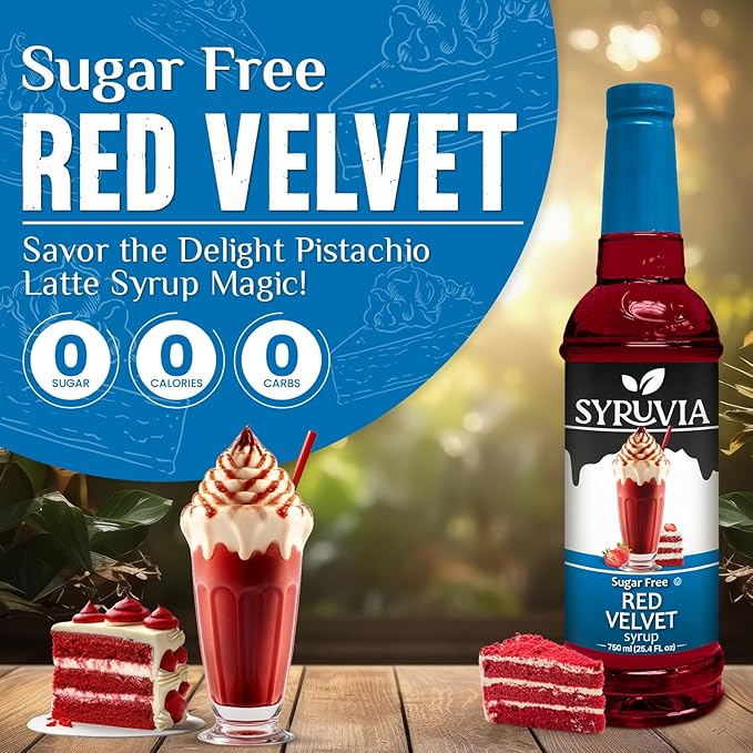 Syruvia Sugar Free Coffee Syrup, Red Velvet Flavored Syrup for Drinks, Lattes, and Desserts – 25.4 fl oz, With Pump