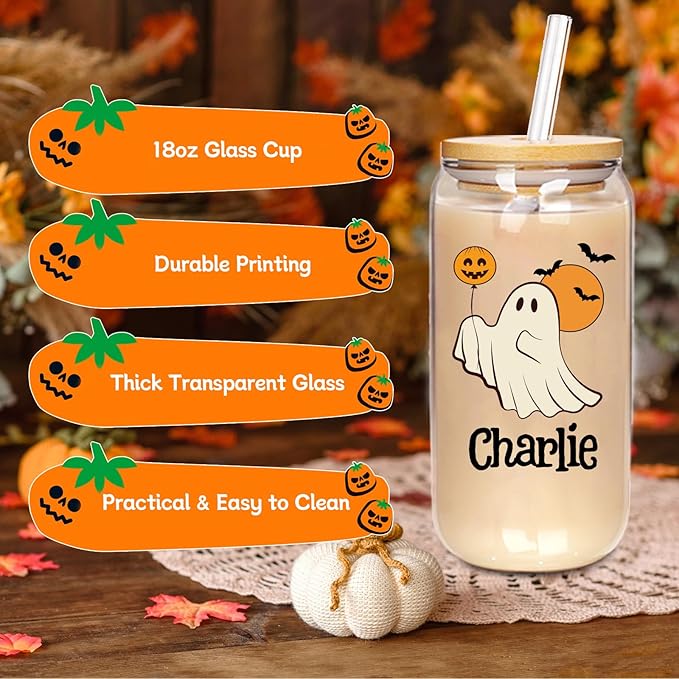 Personalized Halloween Tumbler- Boo Basket Stuffers - Can Shaped Glass with Lids and Straws18OZ -Cute Halloween Gifts for Boys Girls Kids Son Daughter