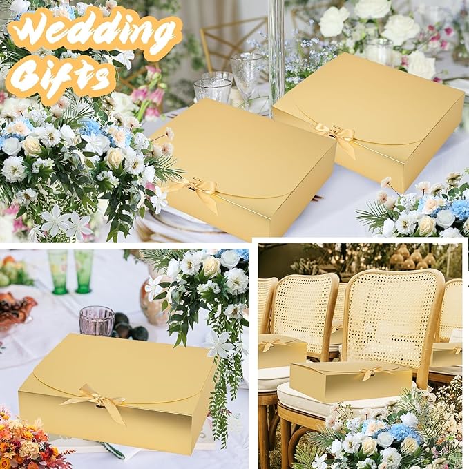 15Pack Gift Boxes with Lids, 10.6x7.8x3.1 Inches Bridesmaid Proposal Boxes with Ribbon, Gold Gift Boxes for Presents,Kraft Paper Boxes for Wedding Christmas Birthday Baby Shower Party