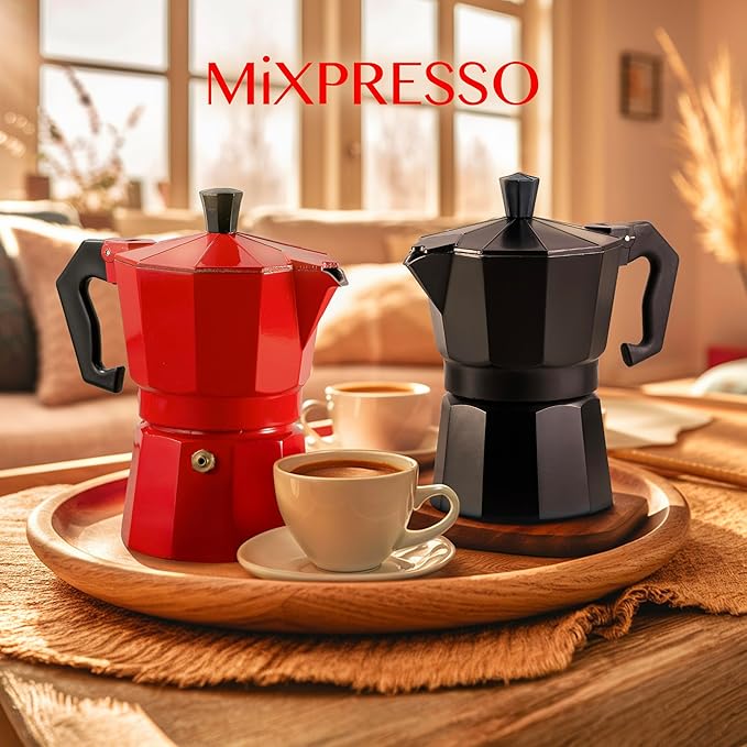 Mixpresso Red 3 Cup Moka Pot Cuban Coffee Maker, Moka Pot for Gas, Electric Stove Top, Classic Italian Coffee Maker, Stovetop Espresso Maker, Camping Pot Makes 3 Espresso Cup 5 Oz - Mug 4.4 Oz