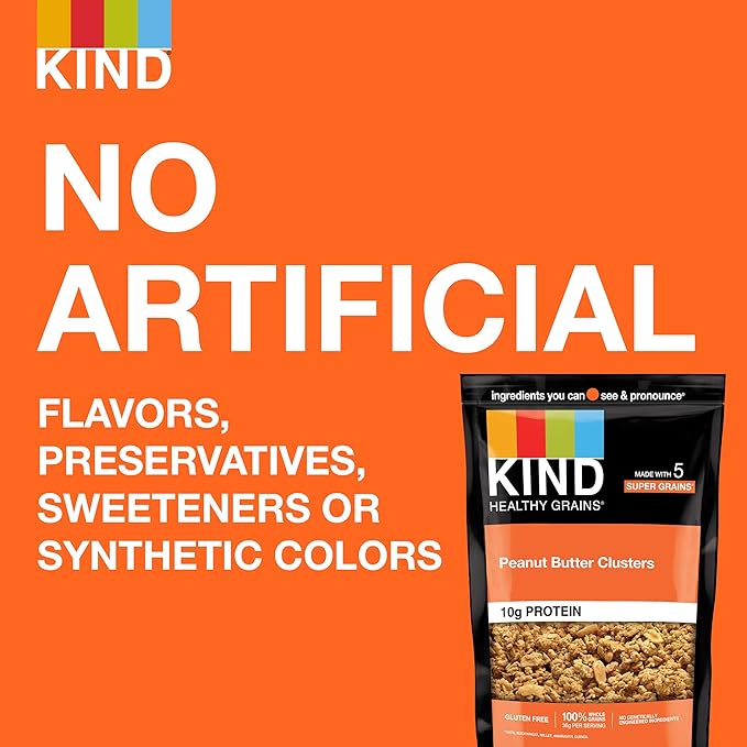 KIND Healthy Grains Granola, Peanut Butter Clusters, Healthy Snacks, Gluten Free, 100% Whole Grains, 10g Protein, 11oz, 6 Count