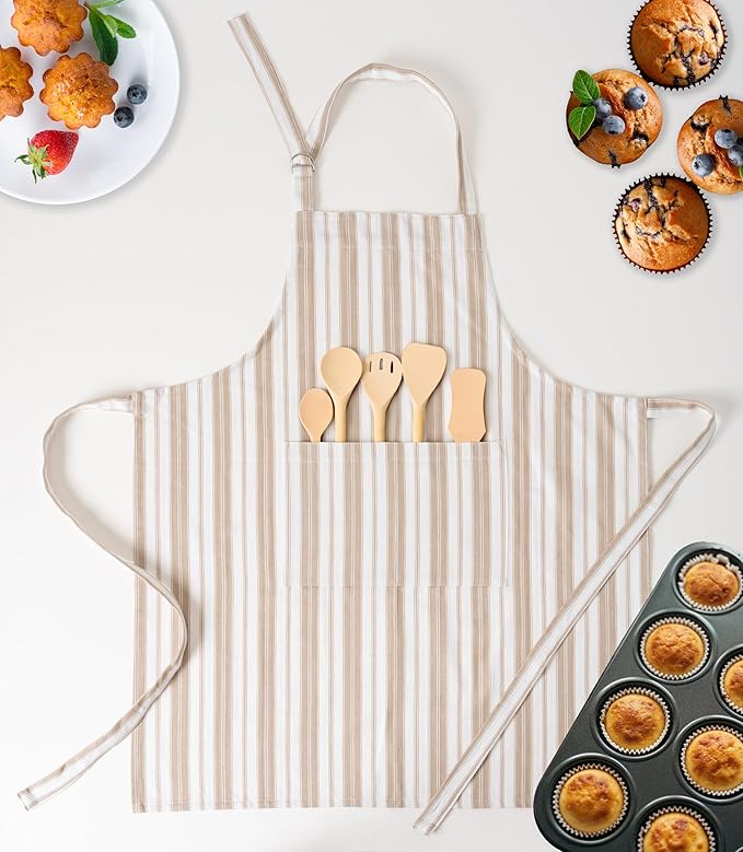 Cotton Professional Apron For Kitchen – 28 x 32 Inches – For Women & Men – Useful When Cooking, Baking, Gardening – Adjustable Strap Around Waist & Neck With Pockets Taupe Stripes