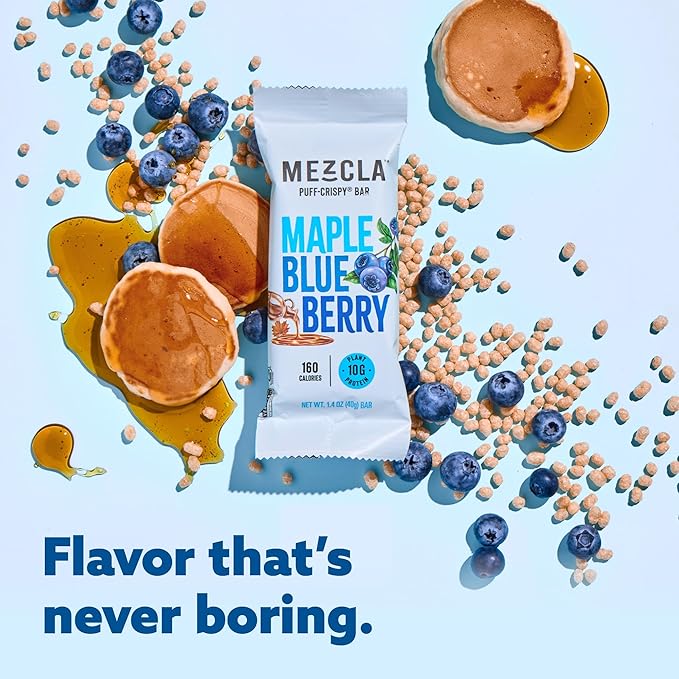 Mezcla Vegan Protein Bars, Gluten Free Snack Made with Pea Protein, Organic Vanilla, Blueberries and Other Premium Ingredients, Healthy Snacks, Canadian Maple Blueberry, 10g of Protein, 12 Pack