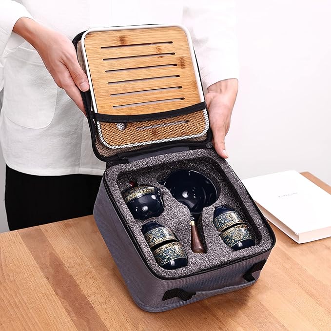 LURRIER Porcelain Chinese Gongfu Tea Set,Portable Teapot Set with 360 Rotation Tea maker and Infuser,Portable All in One Gift Bag for Travel,Home,Gifting,Outdoor and Office(Blue)