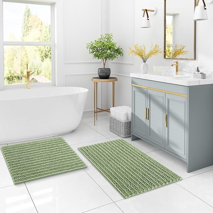Arotive Luxury Chenille Bathroom Rug Mat, Extra Soft Thick Absorbent Shaggy Bath Rugs, Non-Slip Machine Wash Dry, Plush Bath Mats for Bathroom, Shower and Tub, 50x30, Sage Green