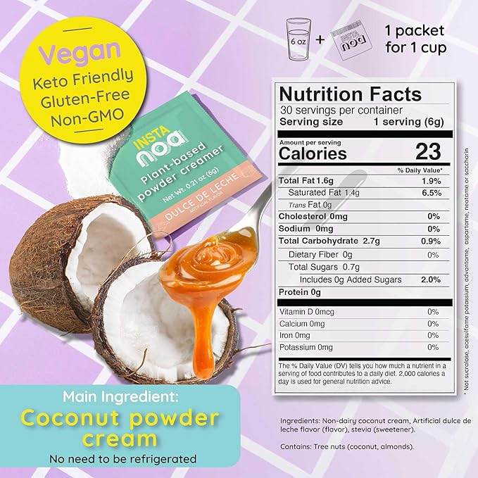NOA Plant-Based Powder Creamer - Dairy-Free Coconut & Dulce de Leche Flavor, No Sugar, Vegan, Keto-Friendly, Instant Non-Dairy Coffee Enhancer, 30 Sachets of 4g