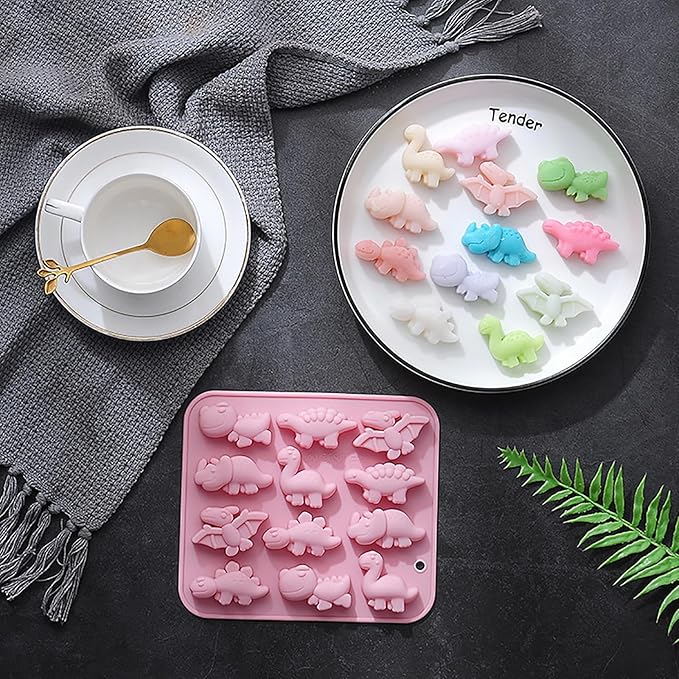 Dinosaur Silicone Molds, 12-Cavity Different Shape Dinosaur Chocolate Molds for Make Chocolate, Candy, Jelly, Ice Cube, Dog Treats, Resin Crafts (Set of 2 PCS)