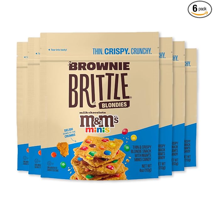 Brownie Brittle – M&M’S Minis Blondie Thin and Crispy Sweet Snacks (Pack of 6, 4 oz), Rich Gourmet Brownie Bites Dessert