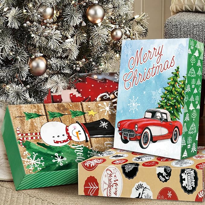 12 Extra Large Christmas Gift Wrap Boxes Bulk with Lids, 12 Tissue paper and 80 Foil Christmas gift Stickers for Wrapping Oversized Clothes (Robes, Sweater, Coat, Shirts) and Xmas Holiday Present