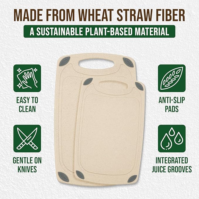2-Piece Reversible Cutting Board Set Made from Natural Food Grade Wheat Straw Material - Eco-Conscious Alternative to Plastic - Gluten Free & BPA Free Chopping Boards for Kitchen