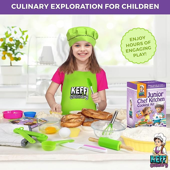 KEFF Kids Kitchen Set for Cooking & Baking with Recpie Book - Kids Knife Set for Real Cooking, Montessori Kitchen Tools for Toddlers - Real Utensils with Cutting Board and Knifes BPA-Free
