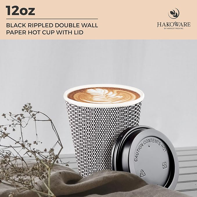 [100 SET]Harvest Pack 12 oz Disposable Coffee Cups, Insulated Ripple Double-Walled Paper Cups with Lids, Black and White Geometric, Drinking Cups for Tea Hot Chocolate Drinks To go coffee cups