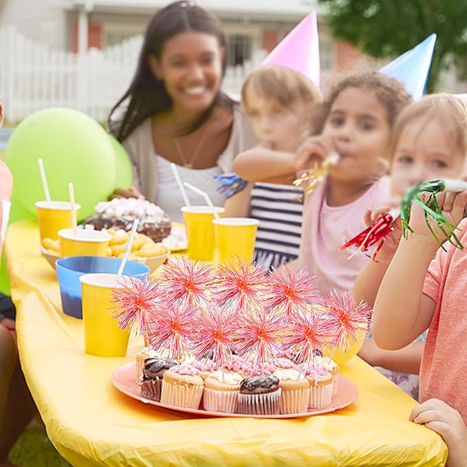 30 PCS Foil Firework Cupcake Toppers Happy Birthday Cupcake Toppers Sparkle Tinsel Flower Drink Stirrers Cocktail Fruit Toothpicks for Valentine's Day Baby Shower Party Cake Decor Supplies Orange