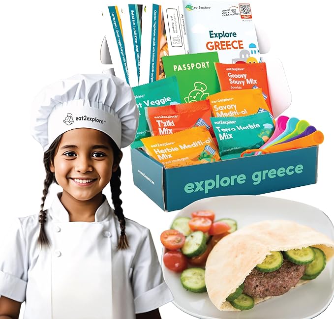 eat2explore Cooking Kits for Kids – Interactive & Educational Kids Cooking Sets Real for Ages 5 and Up,3 Recipe Cards & Global Ingredients – Fun Gift for Young Chefs (Greece Edition)