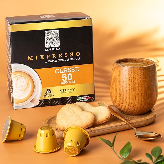 Mixpresso Classe Coffee Espresso Capsules Compatible With Nespresso Original Brewers, Single Cup Coffee Pods 100% from Italy, Medium Roast 80% Arabica Espresso, 50 Count Coffee Capsule Intensity 8/12