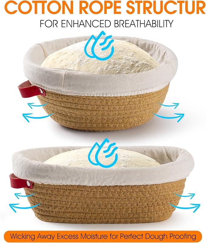 Cotton Rope Banneton Bread Proofing Basket Set - Includes handmade oval and round bread baskets with liners and covers. Ideal for sourdough bread baking supplies and starters