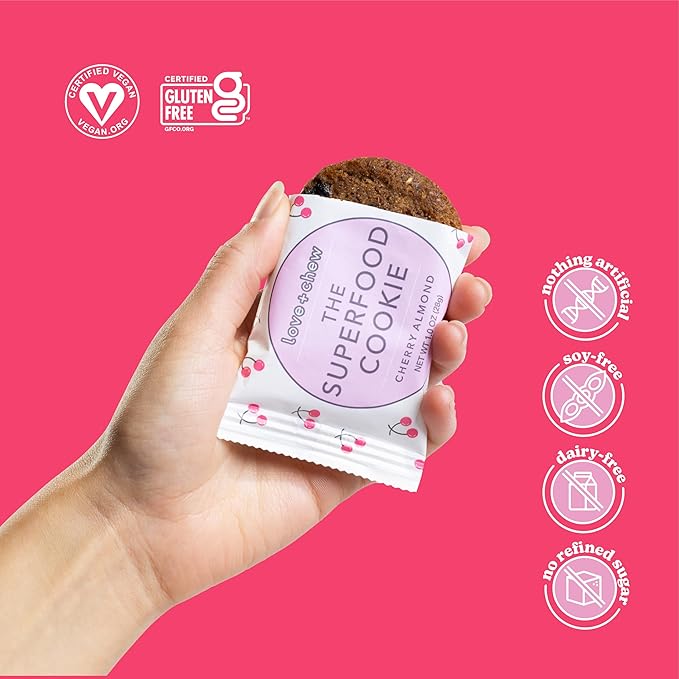 Love + Chew Superfood Soft Baked MINI Cookies, Cherry Almond Flavor, Plant Based Cookie Made With Chia Seeds, Almonds & Cherries for Kids and Adults, Vegan Snacks, Gluten Free, Paleo, Non GMO, 18 Pack