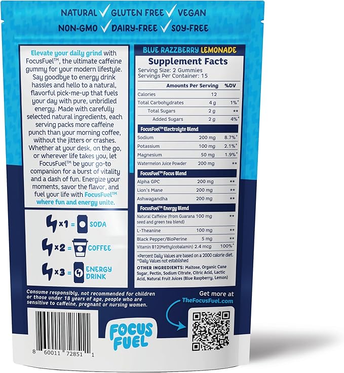 FocusFuel Energy Chews – Blue Razzberry Lemonade (15 Servings) – 100mg Caffeine + Alpha GPC + L-Theanine + B12, Magnesium – Great Taste – No Crash or Jitters