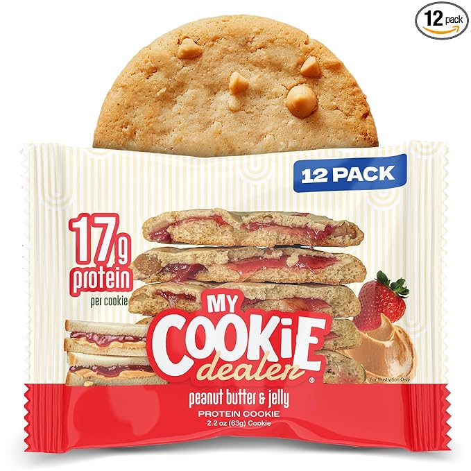 My Cookie Dealer Protein Cookies, Peanut Butter & Jelly (2.2oz, Pack of 12) - 17g Protein per Cookie - Individually Wrapped Workout Snacks for On-The-Go Travel