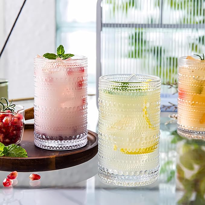 4 Pcs Iced Coffee Glasses Cups with Bamboo Lids and Straws,12 oz Thick Emboss Beaded Drinking Glass Cup Set,Latte Glasses,Ideal for Water,Soda,Gift - with Cleaning Brushe