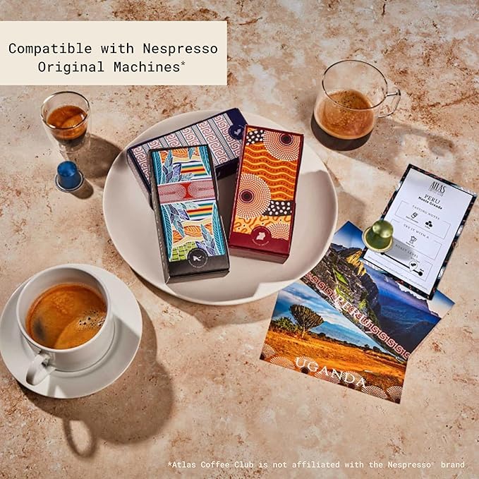 Atlas Coffee Club Espresso Pods Compatible with Nespresso Original– Medium Roast Variety Pack (40 Count)– Aluminum Capsules from Kenya, El Salvador, India & Uganda– Intensity 7–9