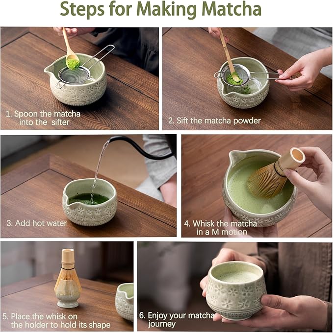 Matcha Whisk Set, 10 Pcs Matcha Set Includes Matcha Bowl, 2 Cups, Matcha Whisk and Holder, Bamboo Scoop and Spoon, Scoop Rest, Sifter and Tea Towel, Complete Matcha Kit (Mottled Green)
