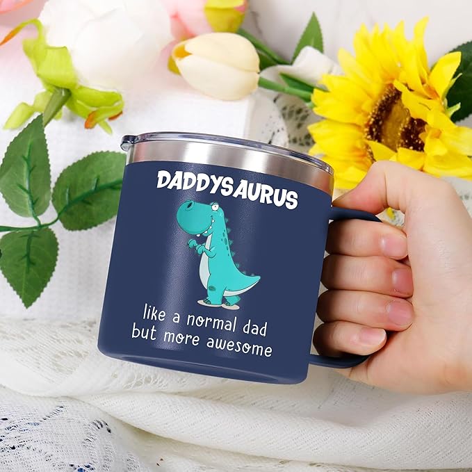 Gossby Gift for Dad - 14oz DADDYSAURYS Insulated Coffee Tumbler Mug - Father's Day, Christmas, Birthday Gift for Dad from Daughter, Son, Kid - Travel Cup with Lid and Straw