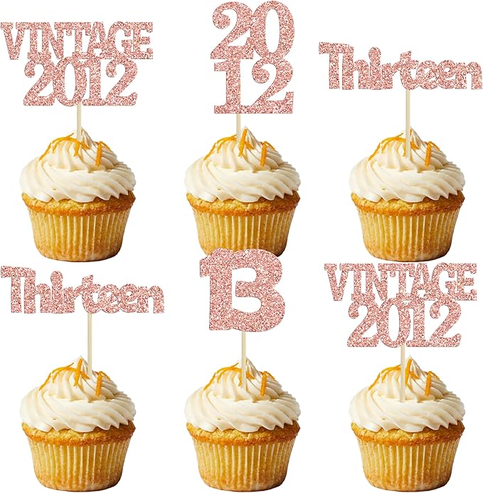 Gyufise 24Pcs 13th Birthday Cupcake Toppers Glitter Thirteen Vintage 2012 Hello 13 Years Birthday Cupcake Picks Official Teenager 13 Cake Decor for Happy 13th Anniversary Party Rose Gold