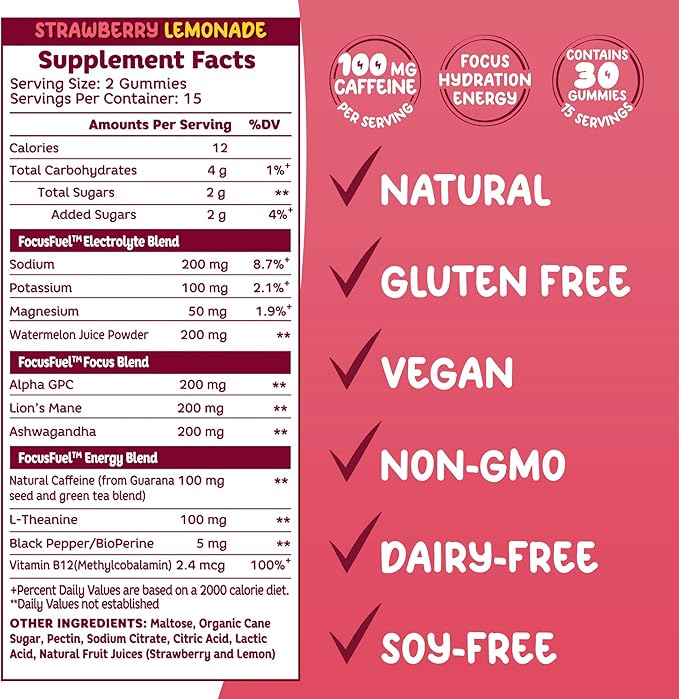 FocusFuel Energy Chews – Strawberry Lemonade Flavor (15 Servings) – 100mg Caffeine + Alpha GPC + L-Theanine + B12, Magnesium – Boost Focus & Energy – No Crash or Jitters