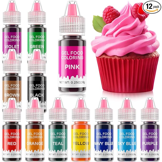 Gel Food Coloring 12 Colors Set for Cake Decorating,Cherrysea Edible Food Dye for Baking Royal Icing Cookie Supplies Gluten Free Food Grade Food Coloring Gel Kits, 0.25 Fl. Oz/Bottles