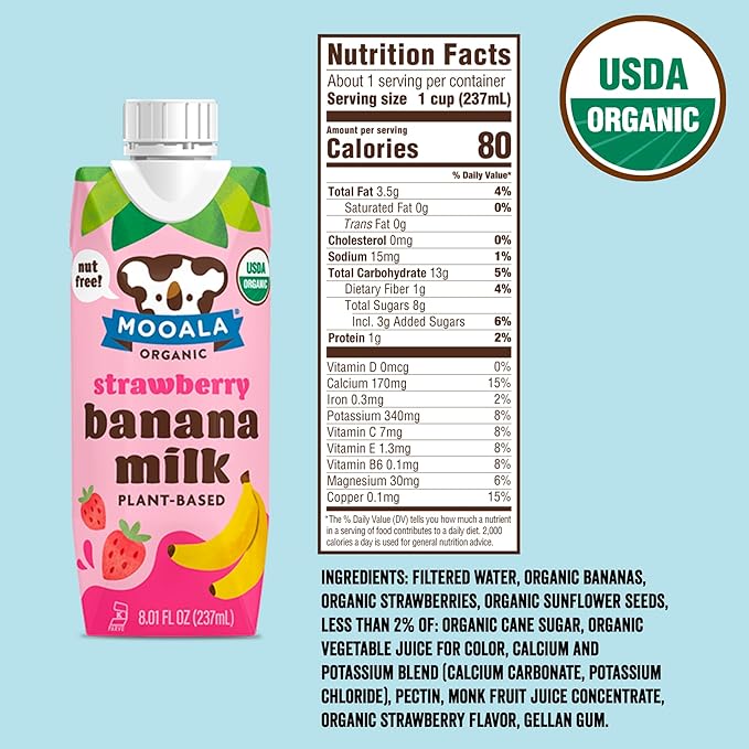 Mooala - Organic Strawberry Bananamilk, Lunchbox Friendly, Shelf-Stable, Non-Dairy, Nut-Free, Plant-Based Beverage, On the Go 12 Pack