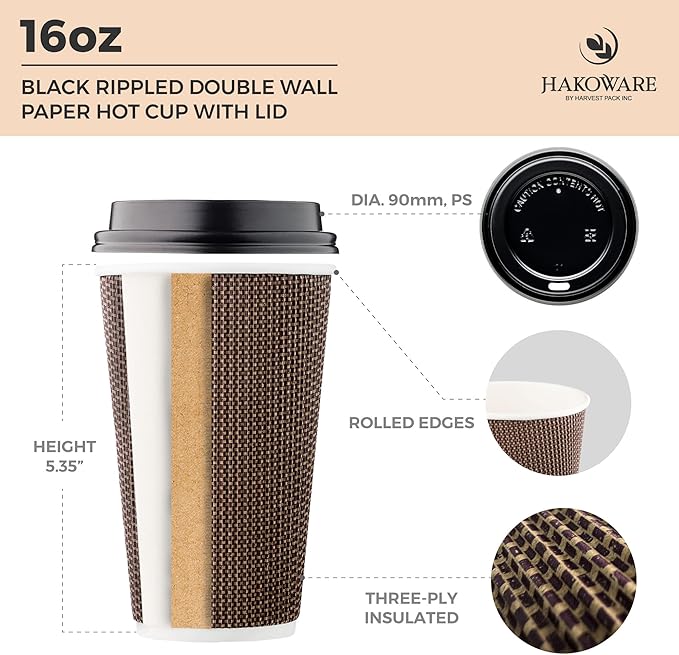 [340 SET]Harvest Pack 16 oz Disposable Coffee Cups, Insulated Ripple Double-Walled Paper Cups with Lids, Brown Geometric, Bulk Drinking Cups for Tea Hot Chocolate Drinks To go coffee cups