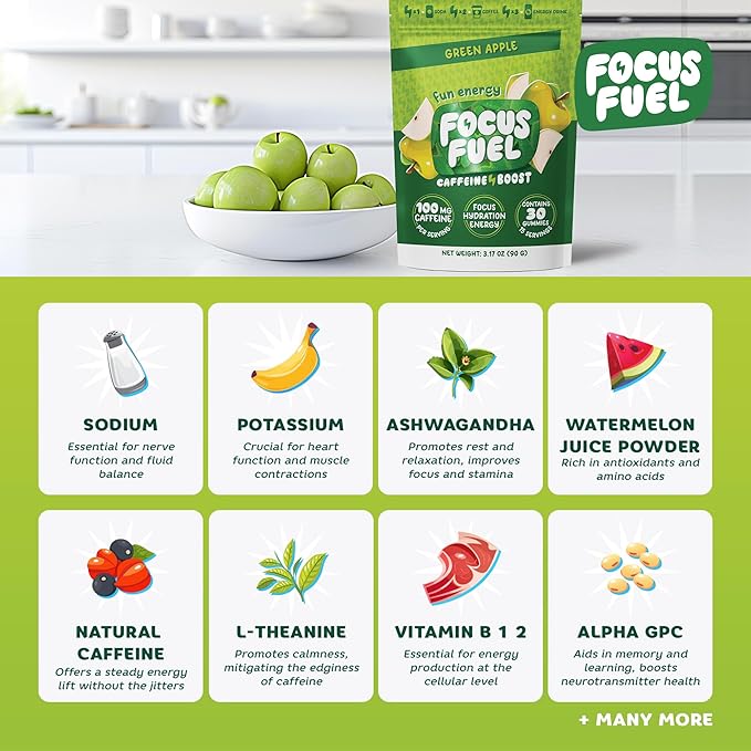 FocusFuel Energy Chews – Green Apple Flavor (15 Servings) – 100mg Caffeine + B12, Magnesium, Alpha GPC – Boost Focus & Energy – No Crash or Jitters