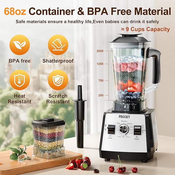 Blenders for Kitchen, Commercial Blender,2400W PRASY Food Processor with 101oz Juice & Grinder Jar, BPA-Free, 25000 RPM Blenders for Smoothies, Ice Crushing, Frozen Fruit (White, 2L)