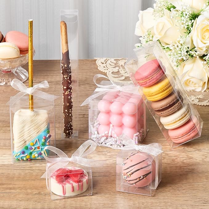 Jutieuo 45 PCS 3.5x2.4x1.38 Inches Clear Rice Krispie Treat Boxes with Hole Individual Cakesicle Boxes Transparent PET Plastic Candy Macaron Boxes Baby Shower Party Favors Boxes