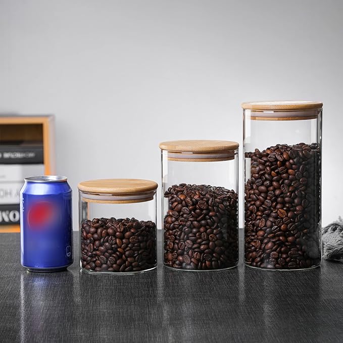 MOLFUJ 960 ML / 32 FL Oz Glass Storage Container with Wood Lid, Stackable Clear Decorative Organizer Bottle Canister Pantry Jar with Air Tight Wooden Lid for Food, Coffee, Candy, Sugar, Salt, Tea