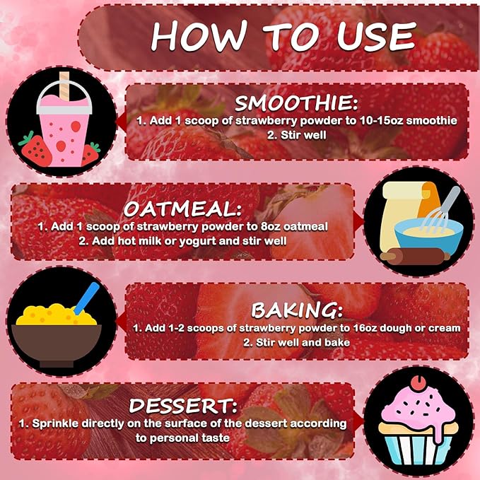 Strawberry Powder - 100% Pure Freeze Dried Strawberries Fruit Powder, Vegan & No Additive Strawberry Flavoring Natural Food Coloring for Baking, Drinks, Cakes, Icing and Smoothies - 3oz